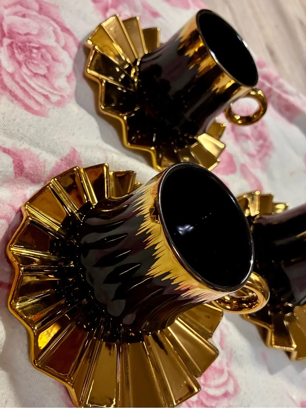 Luxury 5-Piece Black & Gold Ceramic Espresso / Demitasse Cup and Saucer Set